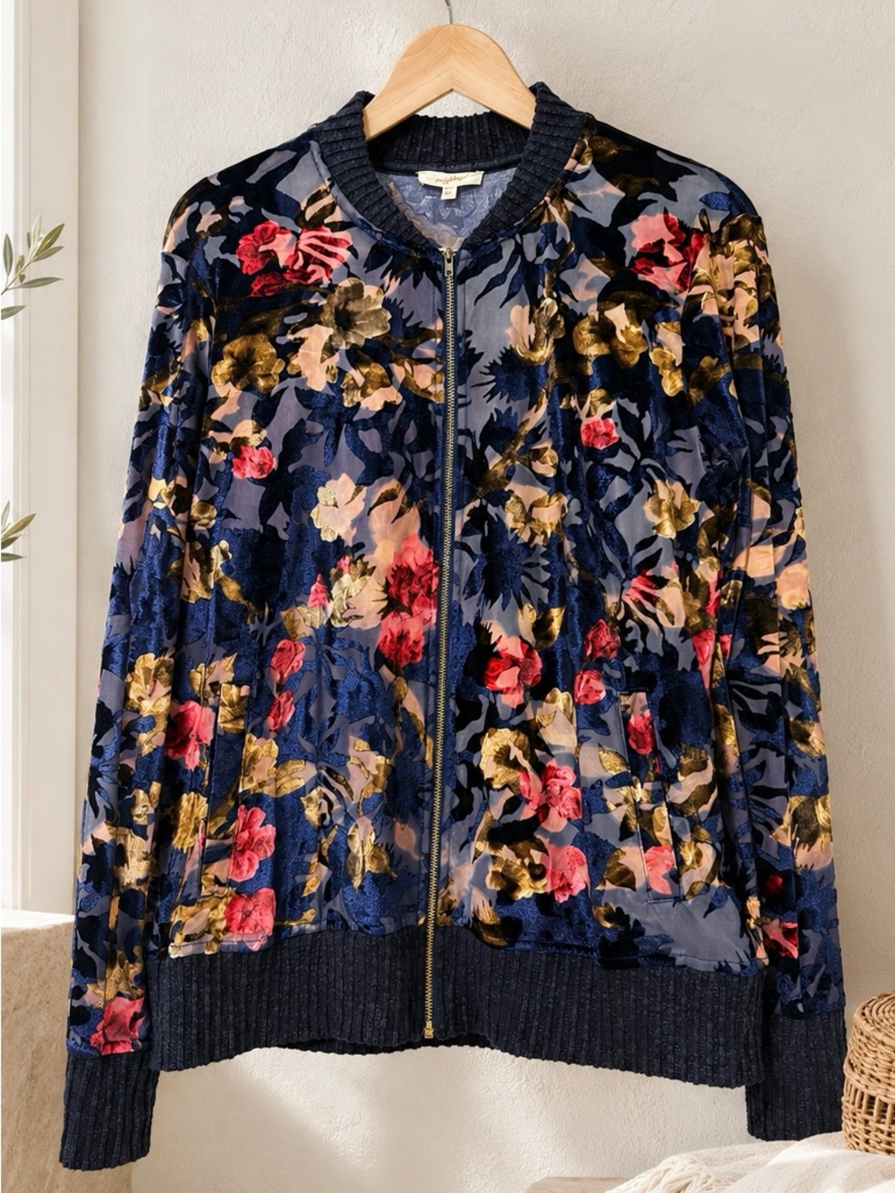 ✨ Mystree Jacket Floral Zip Up Bomber Jacket Navy Pink Gold Size M ✨